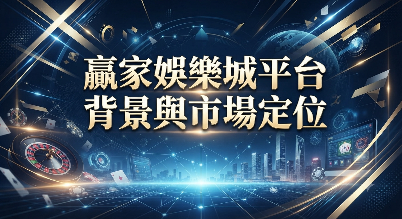 這張圖片以「贏家娛樂城平台背景與市場定位」為主題,呈現出科技感十足的數位娛樂城背景。畫面中融入了國際都會、數據網絡以及賭場元素的視覺設計。