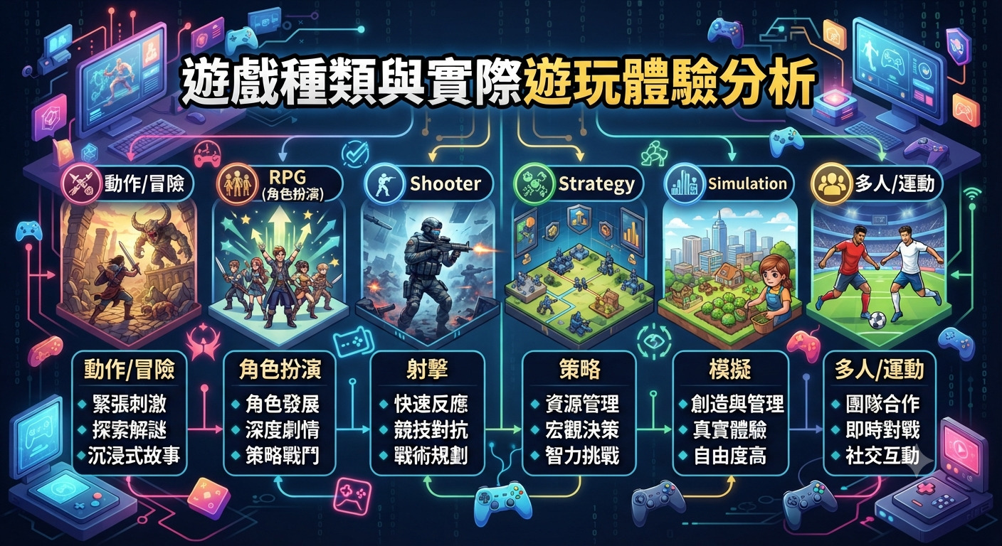 這張資訊圖表分析了不同遊戲種類及其實際遊玩體驗。 畫面透過插圖與分類展示了動作、RPG、射擊、策略、模擬及多人運動等遊戲類型。